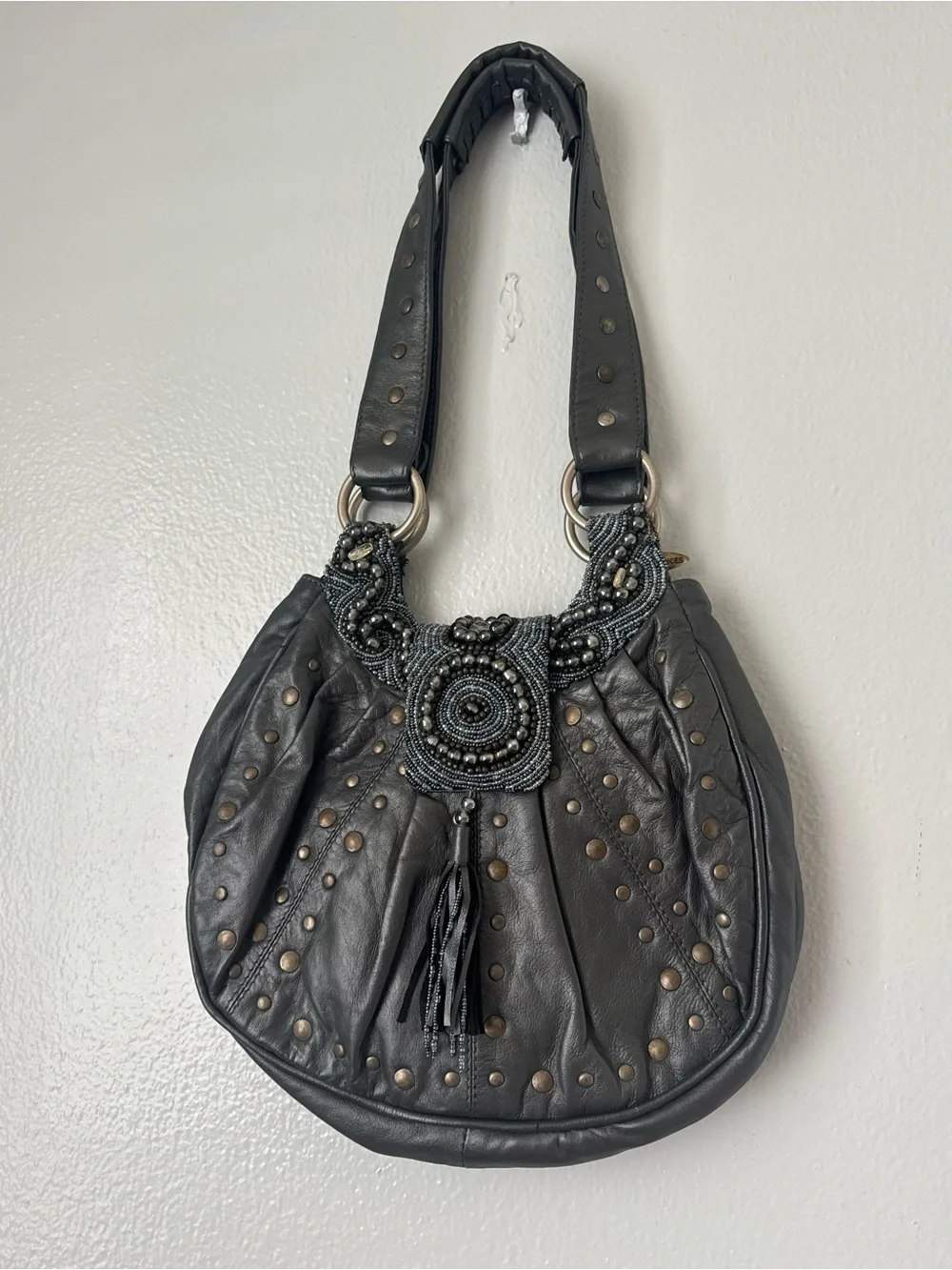 Mary Frances Embellished Leather Studded Hobo Bag Beaded Boho Purse